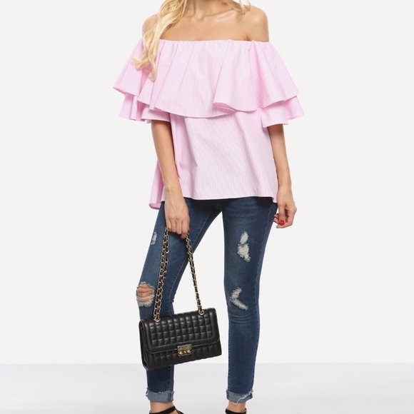 SOLD Pink Flounce Layered Neckline Bell Sleeve Top - Picture 3 of 3